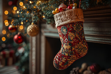 Wall Mural - A Christmas stocking filled with small toys and candy, hanging from the mantel. Concept of tradition.