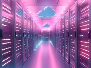 Poster - Futuristic data center corridor illuminated by vibrant pink lights and stylish cloud designs, showcasing advanced technology.