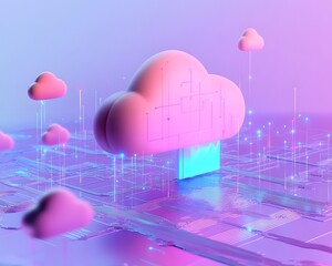 Poster - A vibrant digital cloud landscape representing technology, data flow, and connectivity in a futuristic environment.
