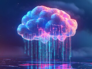 Poster - A vibrant digital cloud with neon colors, representing data flow and technology in a futuristic setting.