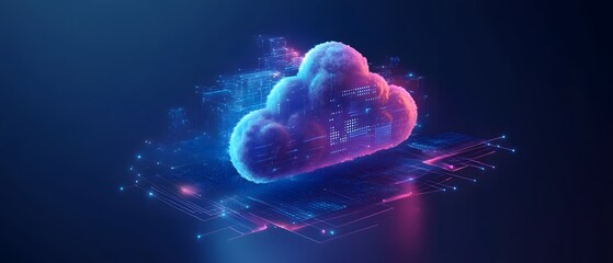 Poster - A vibrant digital cloud representing data storage and connectivity, surrounded by abstract technology elements in neon colors.