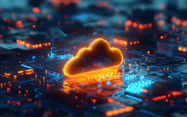 Poster - Stylized cloud computing concept with vibrant lights on a circuit board, representing modern digital technology and innovation.