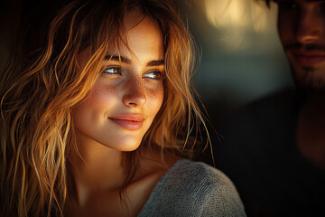 Poster - a woman looking at a couple laughing and holding hands, standing in the shadows with a sad smile. co