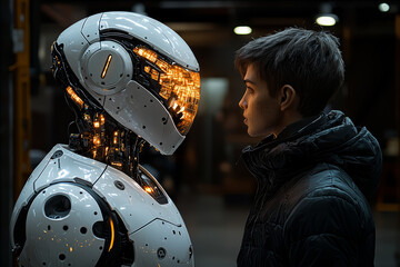 Poster - A robotic figure standing next to a human, both with their heads illuminated by the same data stream. Concept of collaboration between humans and machines.