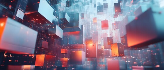 Fototapete - Abstract digital cubes floating in a vibrant space, representing technology and innovation in modern design.