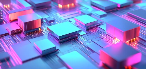 Poster - Futuristic abstract circuit board design with vibrant colors, showcasing technology and digital innovation in a creative layout.