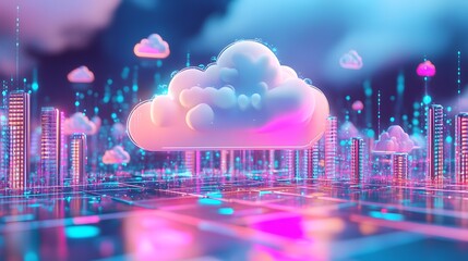 Poster - A vibrant digital landscape featuring a colorful cloud, representing cloud computing and innovation in technology.