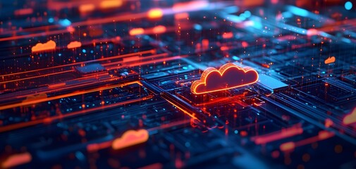 Poster - Vibrant concept of cloud computing with glowing cloud icons amidst digital patterns, representing technology and innovation.