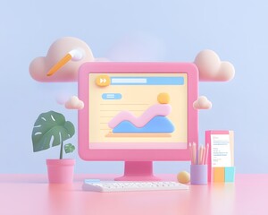 Poster - A vibrant pink computer setup featuring colorful graphs, a plant, and stationery, perfect for creative and digital workspace themes.