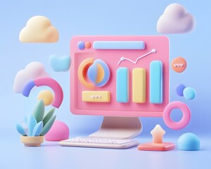 Fototapete - Colorful computer screen displaying vibrant data analytics with playful shapes and cloud elements for modern digital design.