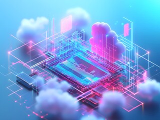 Poster - Futuristic digital landscape showcasing a vibrant microchip design amidst glowing clouds and intricate technology elements.