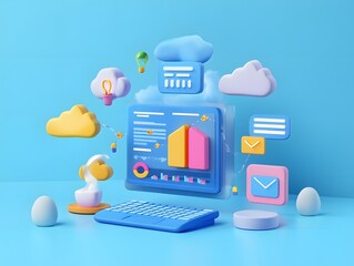 Poster - colorful 3d illustration of a computer screen with data charts and cloud icons, representing digital