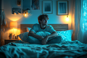 Poster - a person sitting on the edge of a bed, holding a pillow tightly, tears in their eyes after being rej