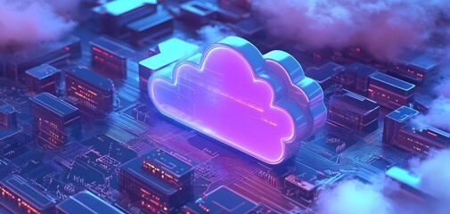 Poster - A vibrant digital cloud symbol surrounded by circuitry, representing technology, data storage, and cloud computing.