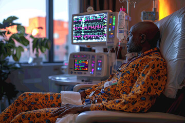 Poster - a person receiving a chemotherapy treatment in a hospital, highlighting the fight against cancer. co