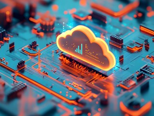 Poster - A vibrant digital cloud symbol surrounded by circuit patterns, representing cloud computing and modern technology.