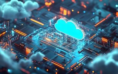 Poster - Digital cloud computing concept with abstract circuit patterns and glowing elements representing technology and data storage.