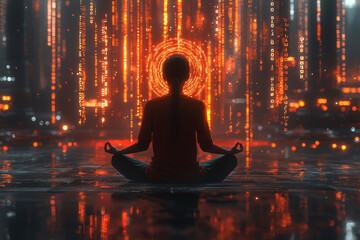 Aufkleber - A person meditating with floating holograms of code and data around their head, symbolizing mental focus and digital processing. Concept of mindfulness and technology.