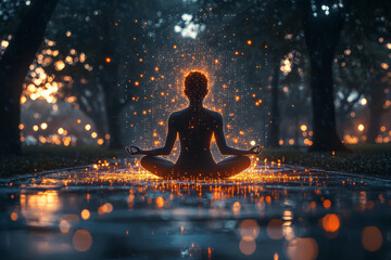 Aufkleber - A person meditating with floating holograms of code and data around their head, symbolizing mental focus and digital processing. Concept of mindfulness and technology.