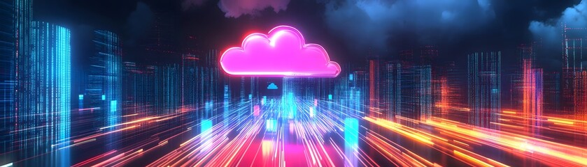 Poster - A vibrant digital landscape showcasing an illuminated cloud symbol, representing cloud technology and data transfer in a futuristic setting.