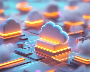 Poster - Colorful 3D cloud computing concept with glowing elements, showcasing modern technology and digital infrastructure.