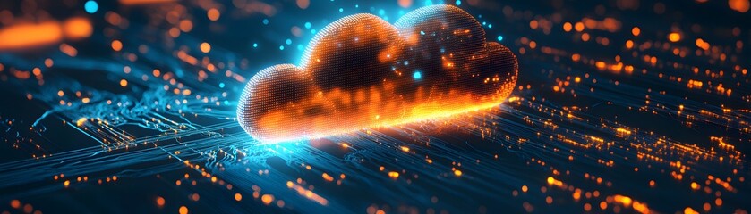 Poster - A vibrant cloud computing illustration featuring glowing elements and a digital network backdrop, symbolizing tech innovation.