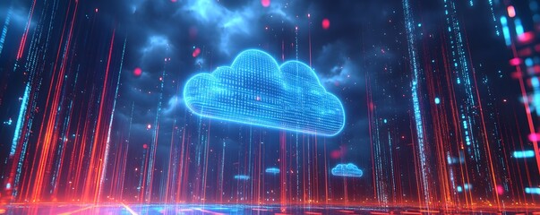 Poster - Futuristic digital cloud with vibrant data streams and glowing elements, showcasing technology and innovation in a stunning visual.