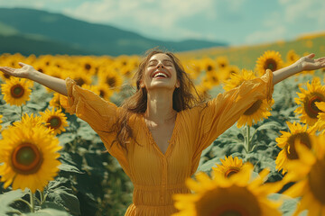 Poster - A person jumping in the air with a big smile, arms wide open in a field of sunflowers. Concept of happiness.