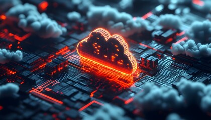 Poster - A vibrant digital cloud symbol glowing over a circuit board, representing advanced technology and cloud computing.