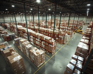 Poster - Aerial view of a large warehouse filled with organized pallets and boxes, showcasing efficient storage and logistics.