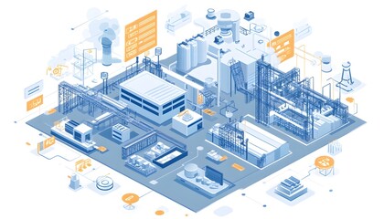 Poster - Detailed industrial complex illustration showcasing factories, machines, and technology in a modern manufacturing environment.