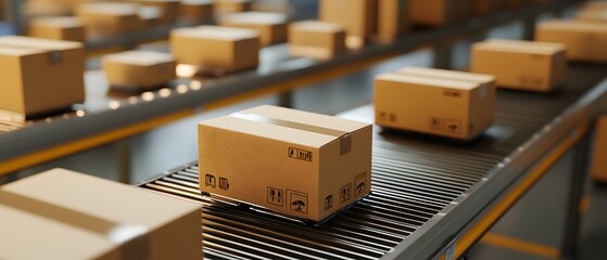 Poster - Packages moving along a conveyor belt in a modern warehouse. Ideal for illustrating logistics and shipping processes.