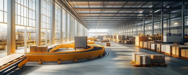 Poster - Modern warehouse interior with large windows, conveyors, and organized boxes, showcasing efficient logistics and storage solutions.