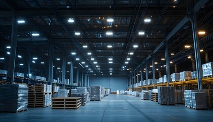 Poster - Spacious warehouse interior with pallets stacked high, illuminated by bright overhead lights, showcasing a modern storage environment.