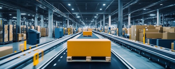 Poster - A modern warehouse interior showcasing a busy distribution center with yellow packages moving along automated conveyor belts.