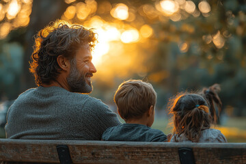 Canvas Print - A man sitting on a park bench, watching children play and smiling at the simple joy of life. Concept of mindfulness and happiness.