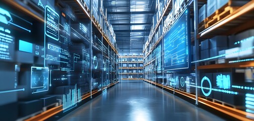 Poster - futuristic warehouse interior with digital displays and glowing elements. ideal for technology and l