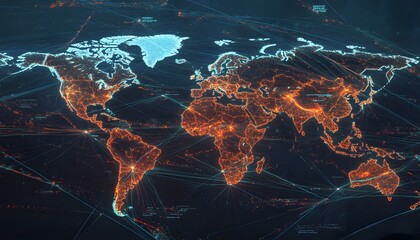Poster - A digital world map with glowing connections, showcasing a network of global communication and technological advancement.