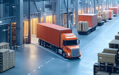 Poster - A vibrant orange truck unloads goods in a modern warehouse, showcasing logistics and efficient supply chain management.
