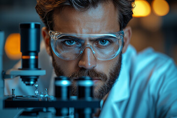 Canvas Print - A laboratory technician looking through a microscope, searching for a cure to a disease. Concept of medical research and innovation.