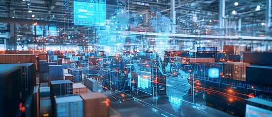 Poster - Futuristic warehouse with digital technology showcasing logistics and inventory management, enhancing efficiency and productivity.