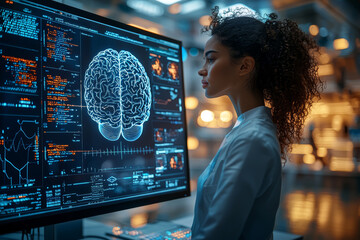Aufkleber - A human figure standing in front of a computer screen displaying their own brain activity in real-time. Concept of biofeedback and technology.