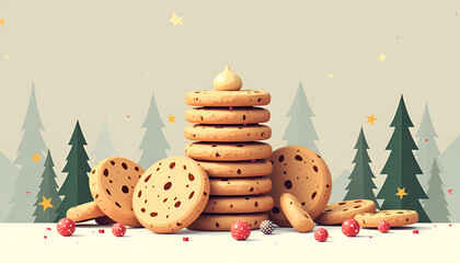 Stack of delicious cookies with decorative toppings and festive elements on a light background for holiday cheer
