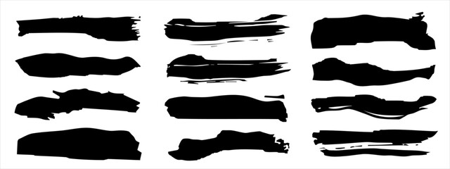 Wall Mural - Vector collection of artistic grungy black paint hand made creative brush stroke set isolated on banner background. A group of abstract grunge sketches for design education or graphic art decoration