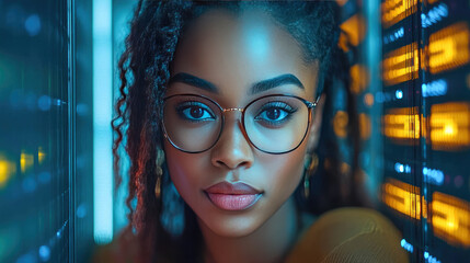 Aufkleber - Close-up of a woman in a data center, surrounded by glowing red servers. Futuristic technology and cyber security concept