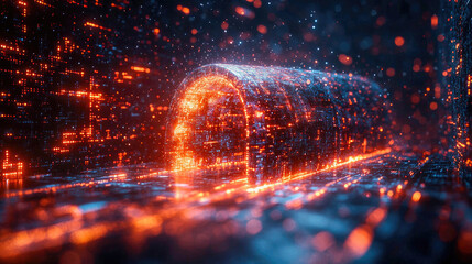 Poster - Futuristic digital data tunnel with glowing orange and blue lights, representing technology, data transfer, and the digital world. Ideal for tech and innovation themes