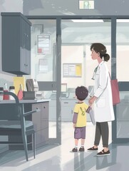 Aufkleber - A mother stands with her child in a pediatrician's office, patiently waiting for the consultation in a well-organized space. Generative AI