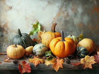 Wall Mural - Autumn Harvest with Squash and Leaves on Wooden Table