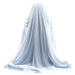 Ghostly figure draped in white fabric, white isolate background transparent background