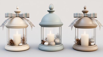 Three charming lanterns, each embellished with Christmas decorations and plaid ribbons, glow warmly as candles light up a rustic wooden setting, creating a festive atmosphere